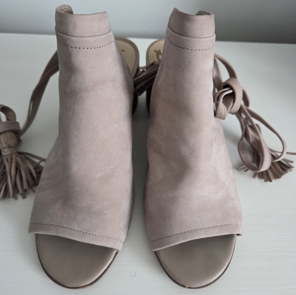 Sam Edelman Blush Pink Suede Open-Toe Lace-Up Mules